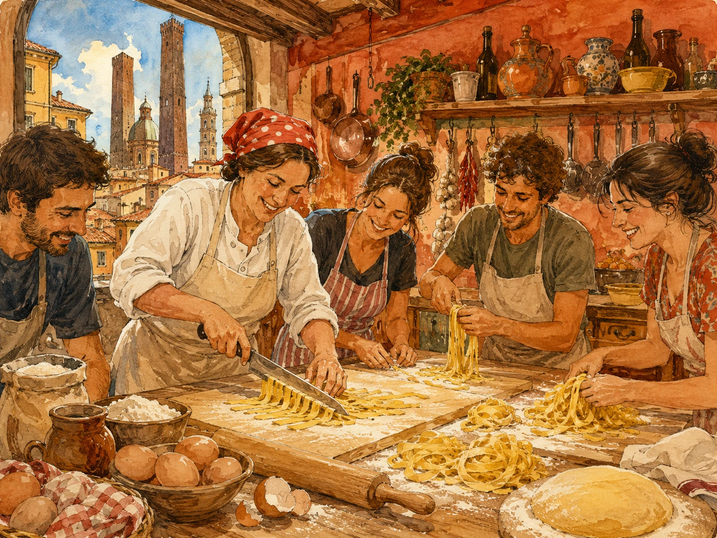 Small cooking class making fresh pasta in a traditional Bologna kitchen