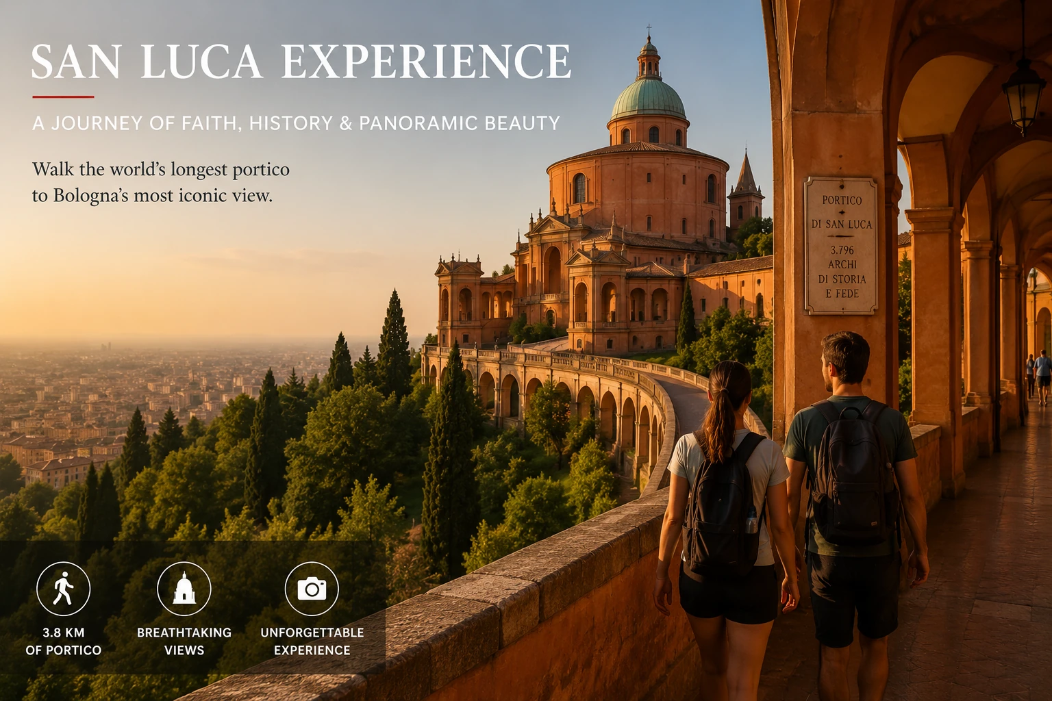 Travelers approaching the Sanctuary of San Luca through the covered portico