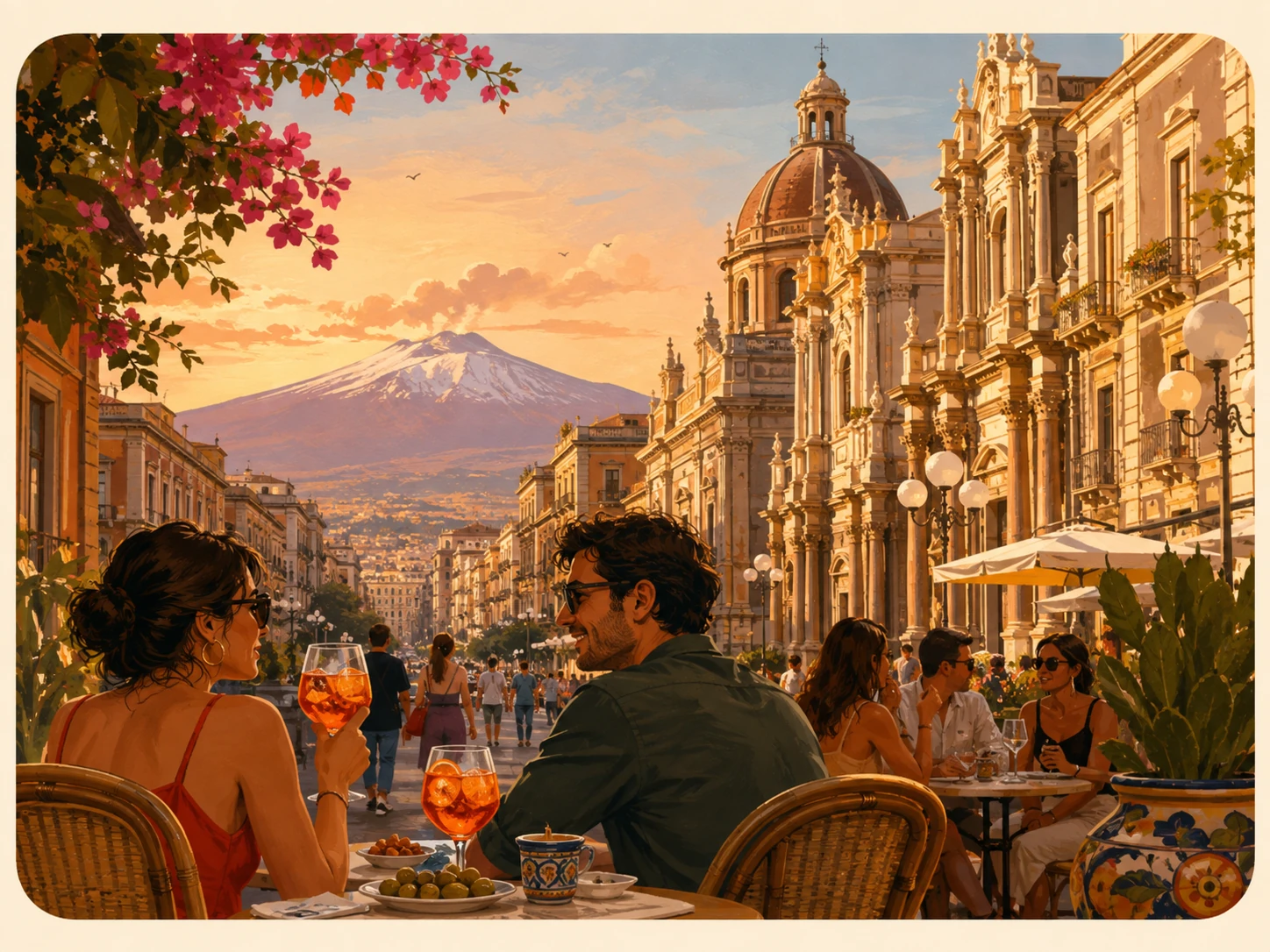 Aperitivo with a view toward Mount Etna from Via Etnea