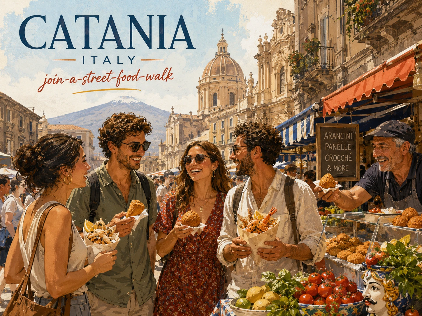 Travelers tasting street food in central Catania