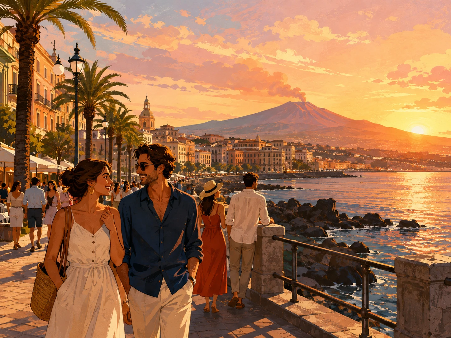 Travelers watching sunset along Catania's seafront