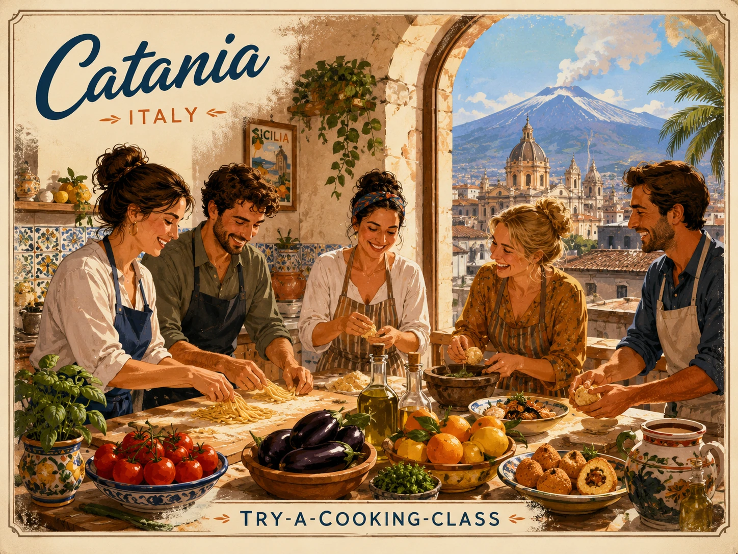Travelers preparing Sicilian food during a cooking class in Catania