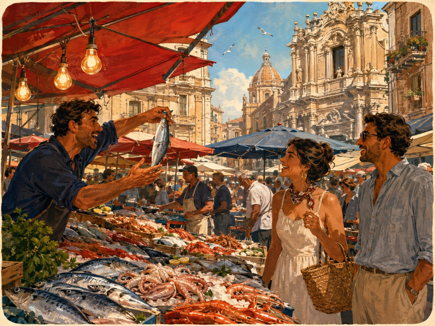 Lively fish market at La Pescheria in Catania