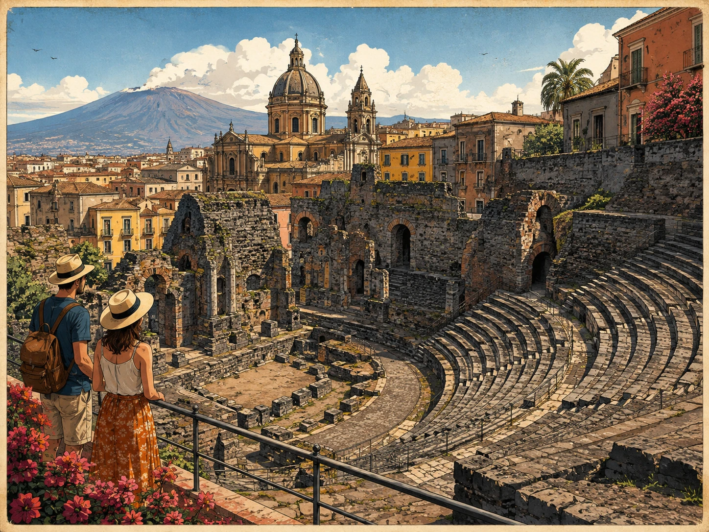 Ancient Roman Theatre with Mount Etna beyond Catania