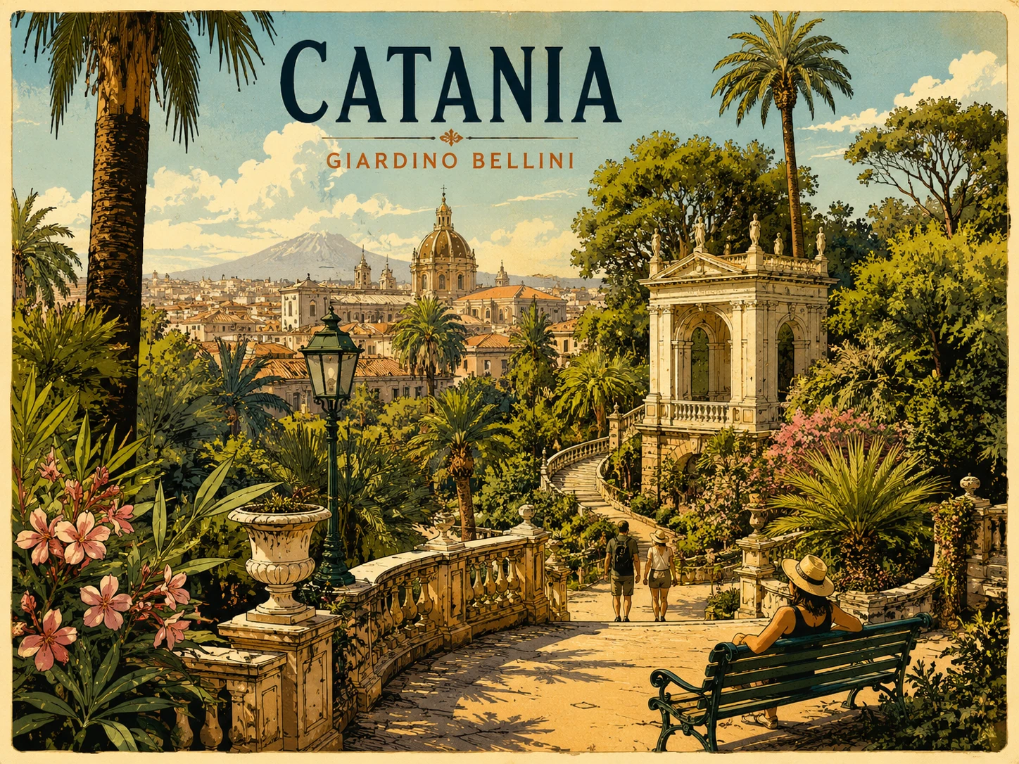 Palm-lined paths and terraces in Giardino Bellini in Catania