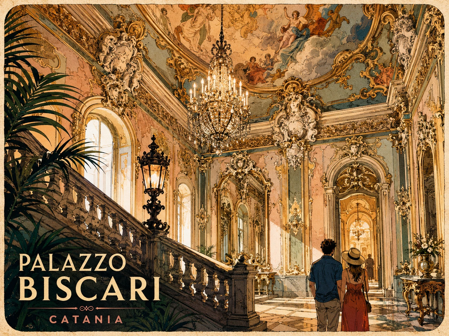 Ornate interior staircase of Palazzo Biscari in Catania