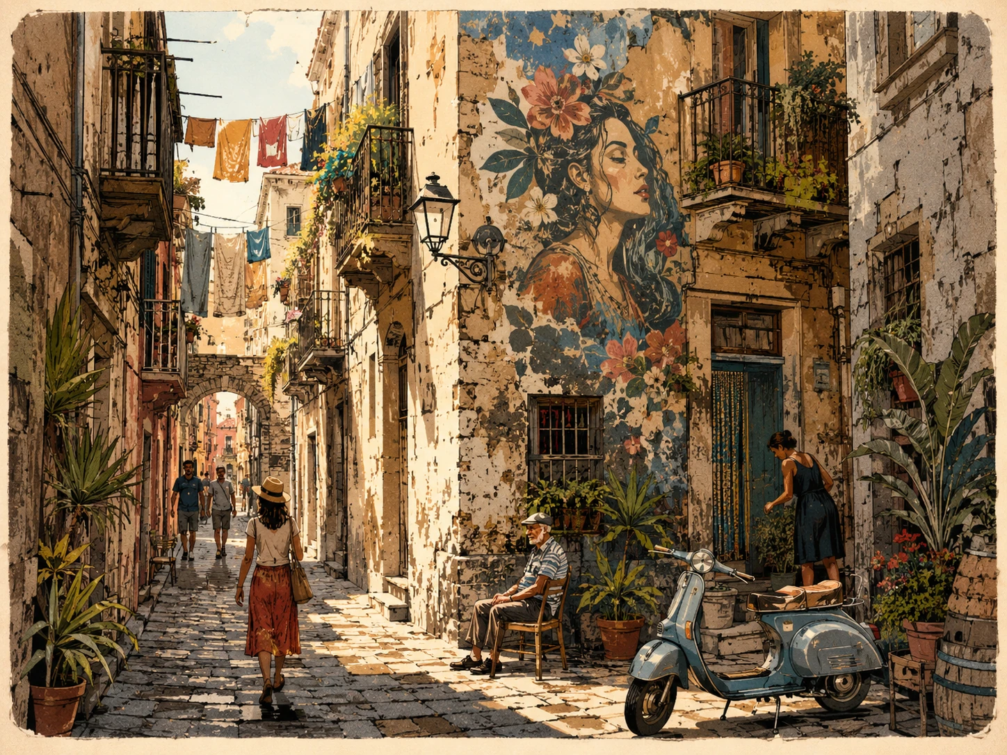 Colorful street art and narrow lane in San Berillo, Catania