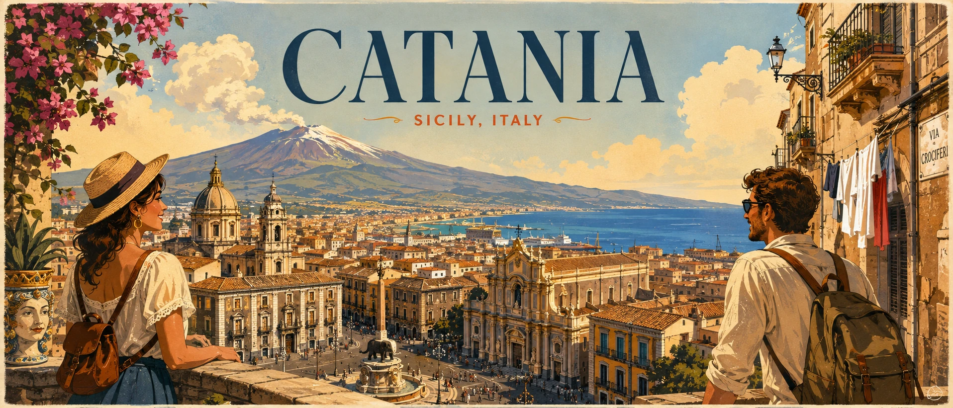 Illustrated panorama of Catania with Mount Etna and travelers