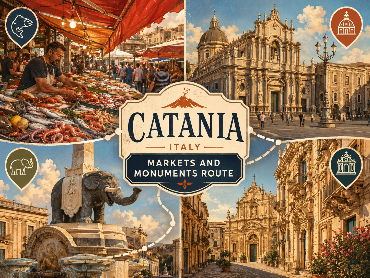 Illustrated route linking Catania markets and historic monuments
