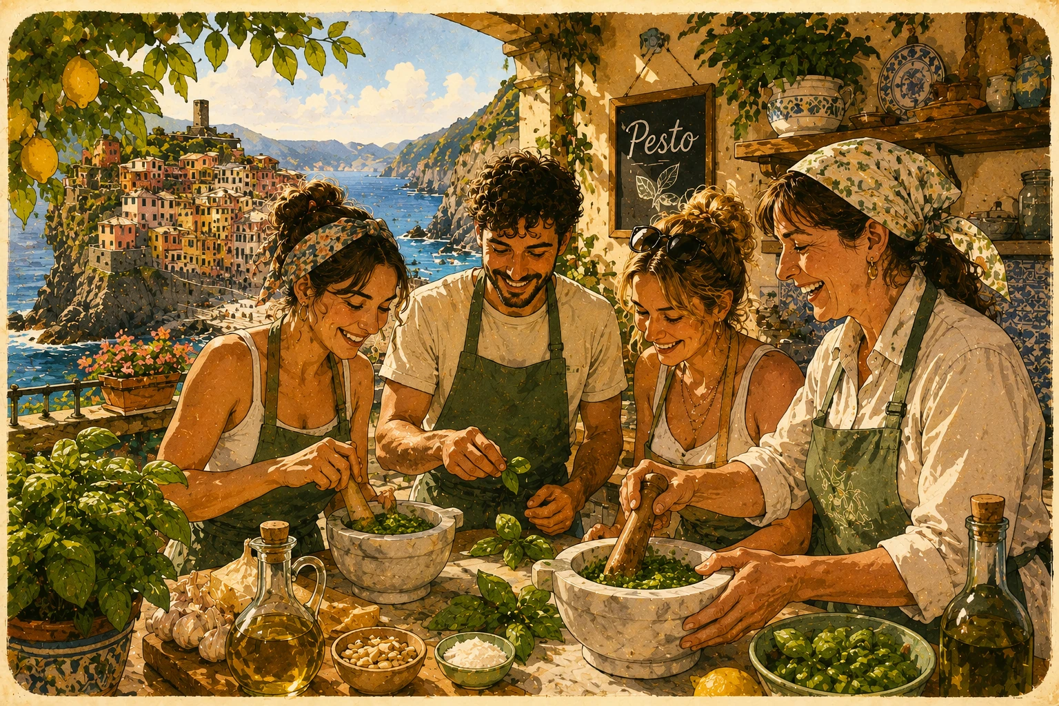 Illustration of a traditional Ligurian pesto-making class