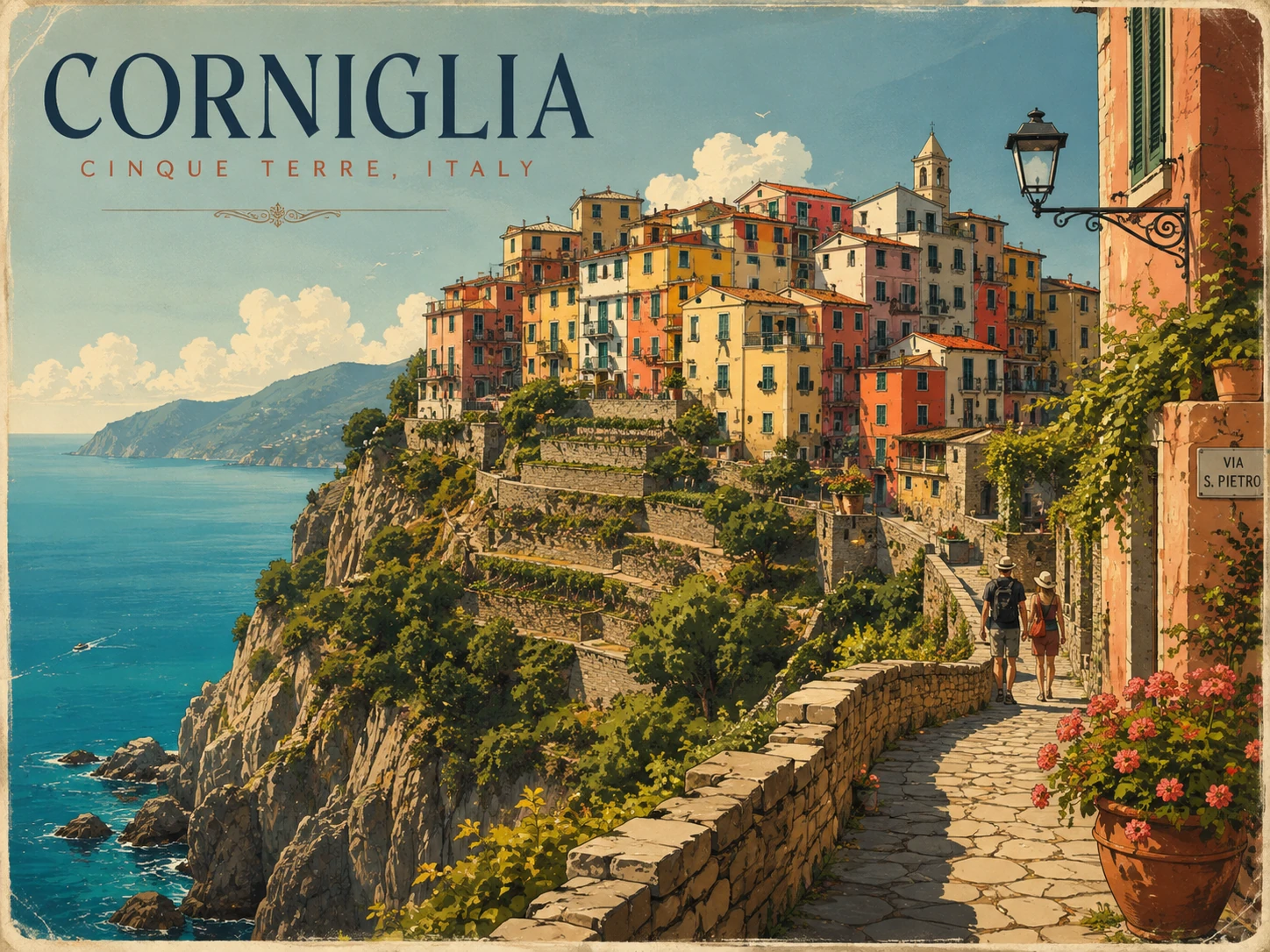 Illustration of hilltop Corniglia surrounded by vineyards and sea