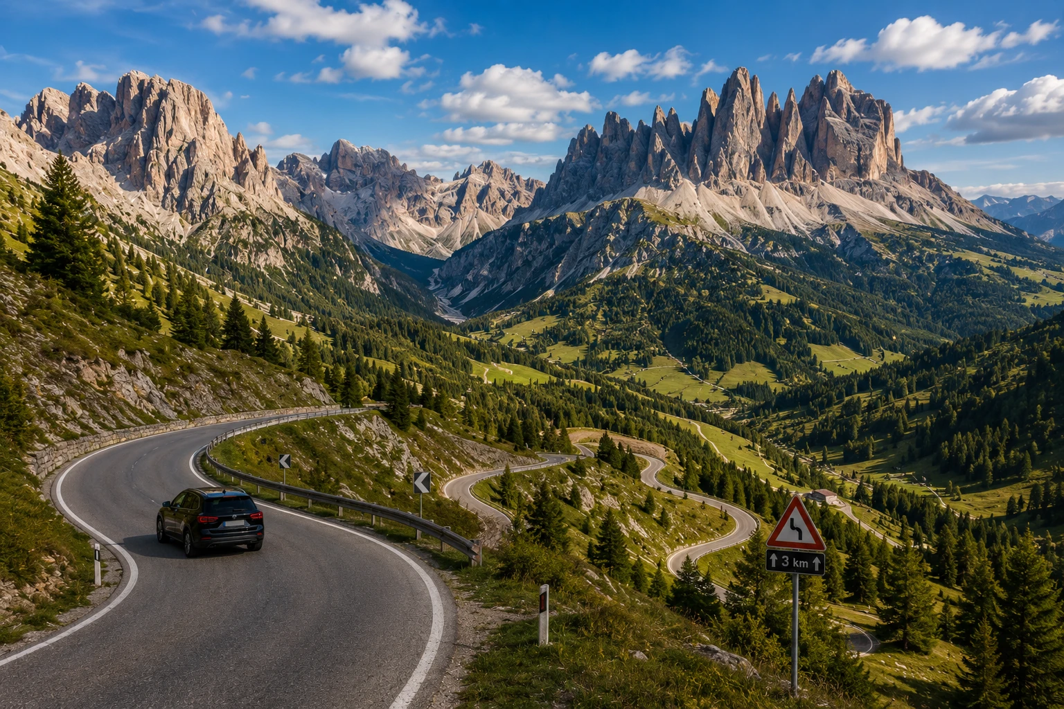 Car driving along a winding Dolomites mountain pass with jagged peaks and green valleys