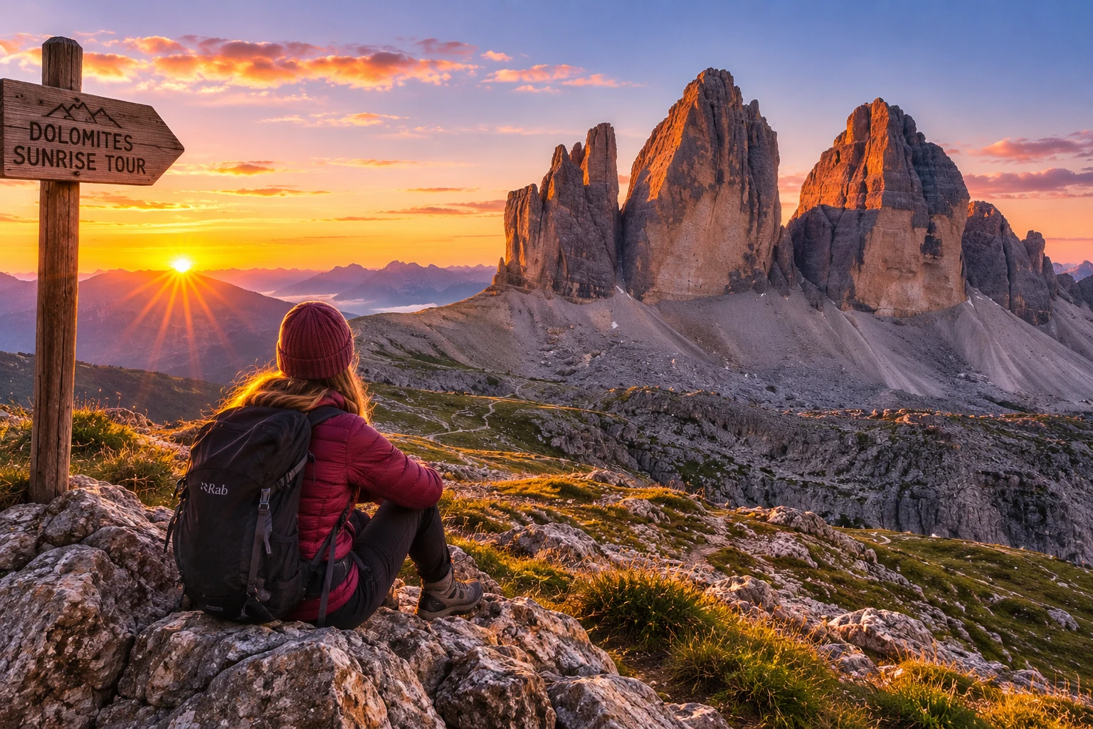 Hiker watching sunrise illuminate the Tre Cime peaks in warm orange light