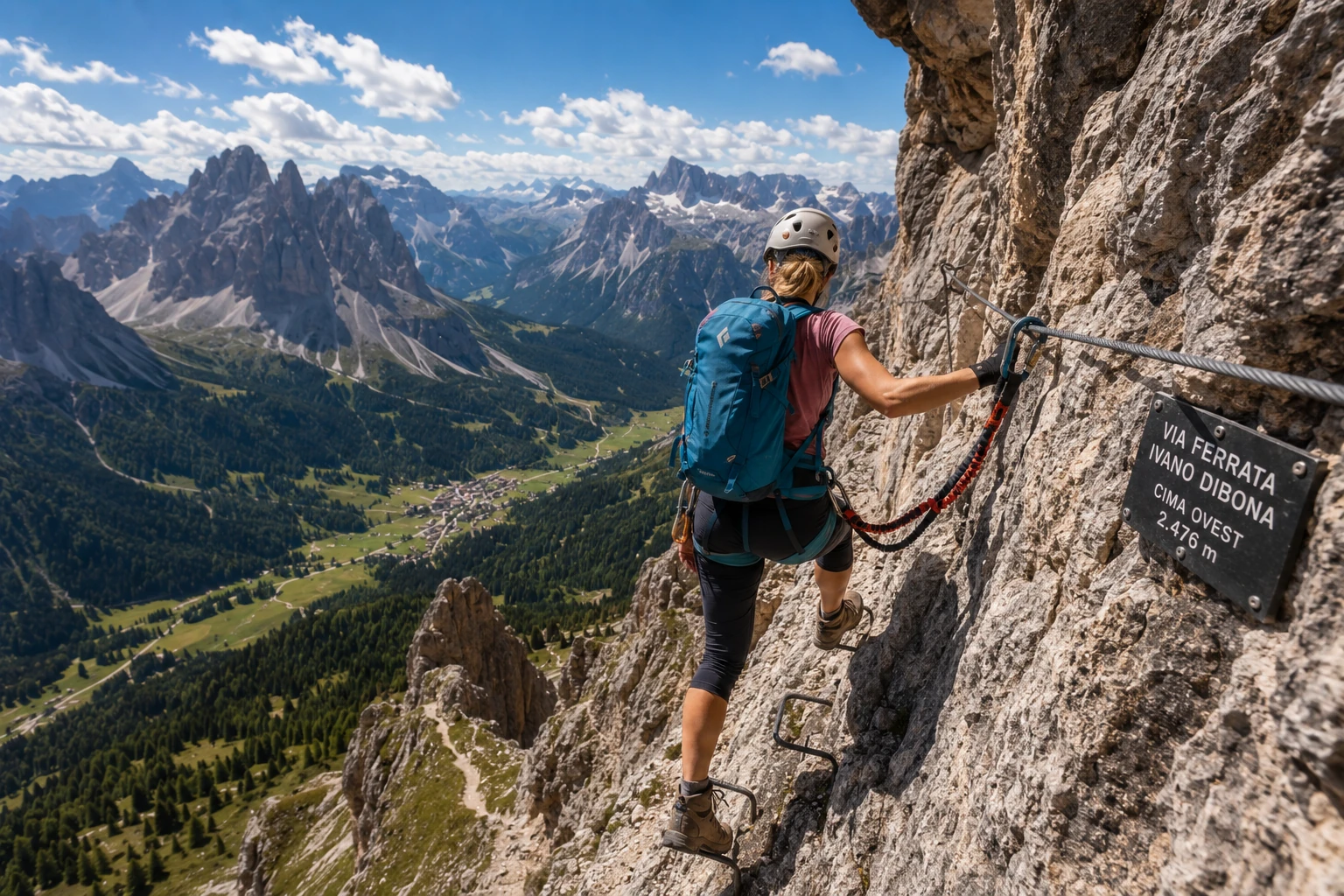 Climber attached to a steel cable on a Dolomites via ferrata above a mountain valley