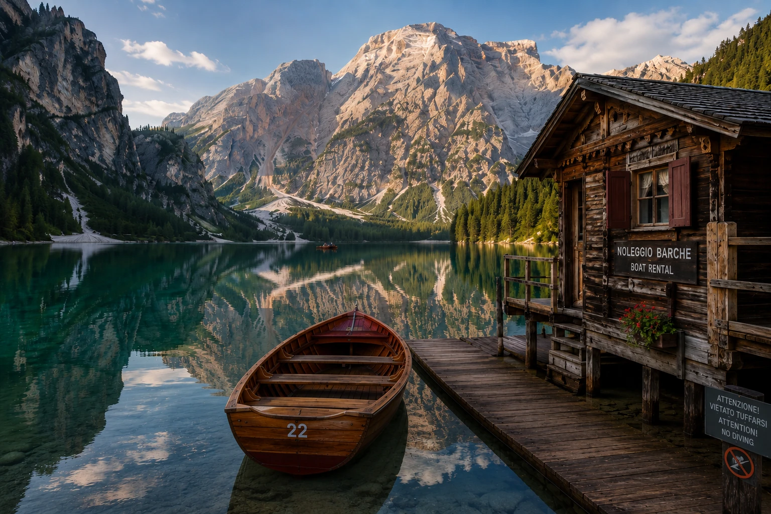 Wooden rowboat beside the Lago di Braies boathouse with turquoise water and mountain reflections