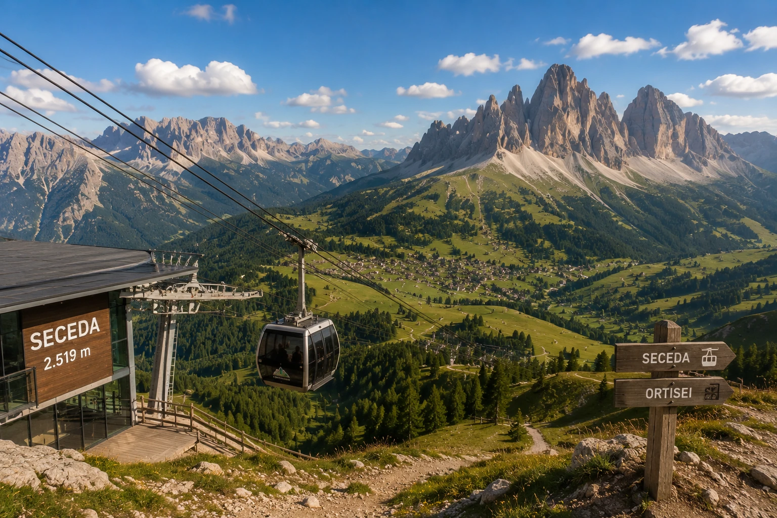 Seceda cable car above Val Gardena with alpine village, mountain station, and dramatic peaks