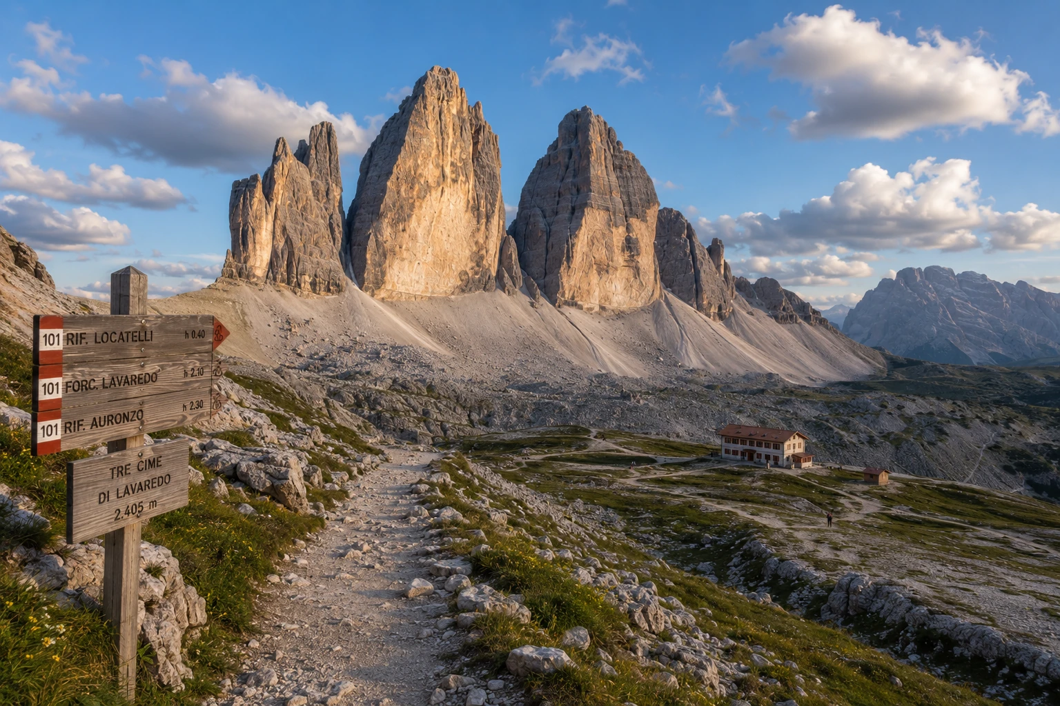 Tre Cime hiking trail with mountain hut, rocky peaks, and trail signs at golden hour