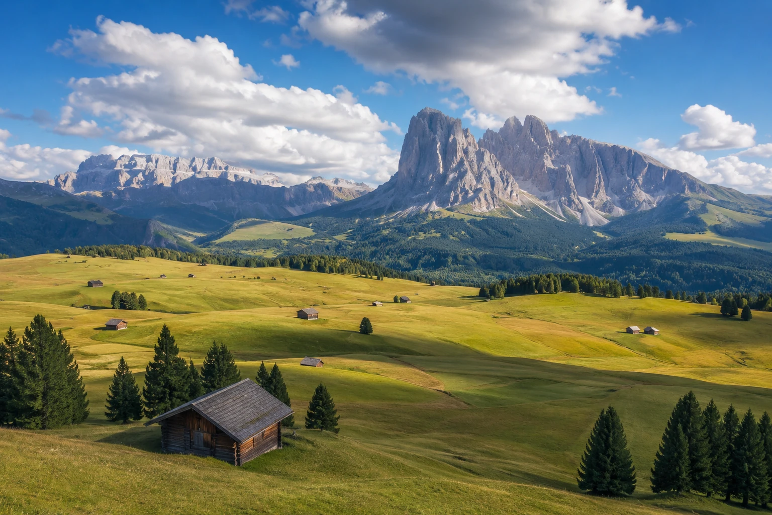 Alpe di Siusi alpine meadow with wooden huts, green hills, and dramatic Dolomite peaks