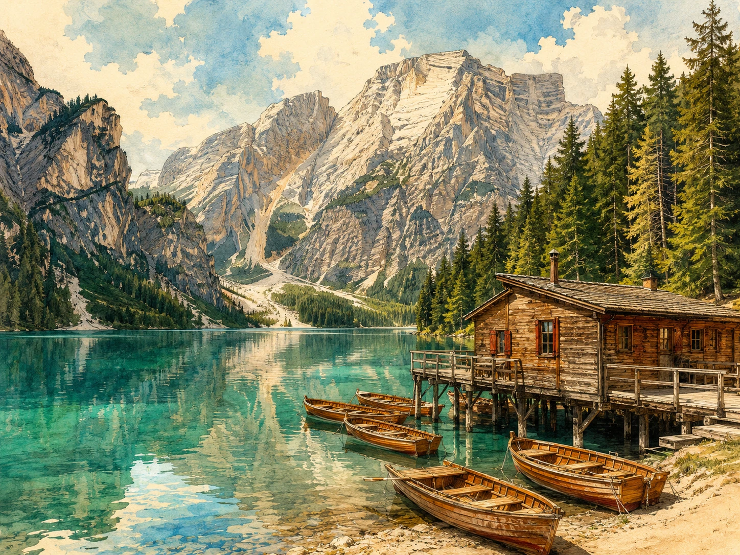 Lago di Braies with turquoise water, wooden boats, boathouse, forest, and mountains