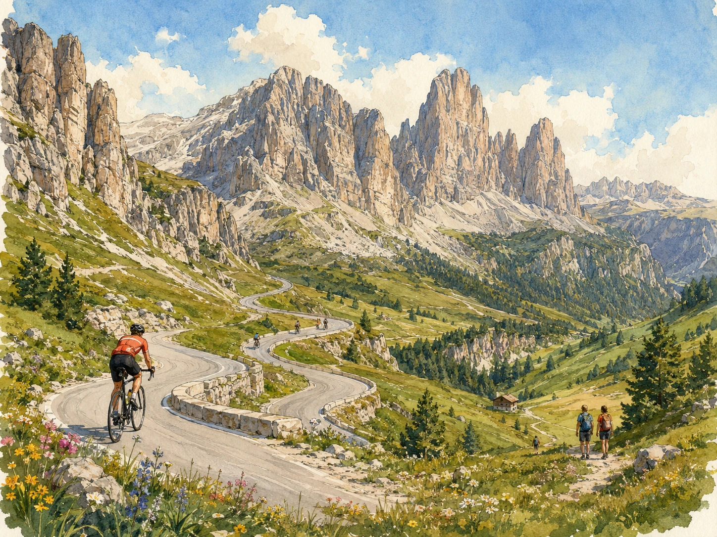 Passo Gardena road winding through alpine meadows beneath dramatic Dolomite peaks