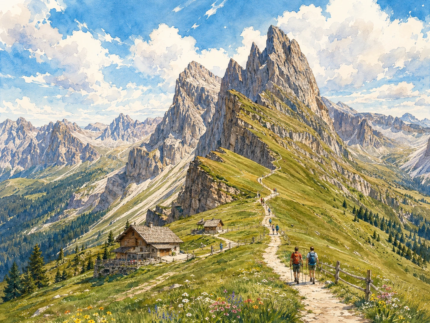 Seceda ridgeline with dramatic peaks, alpine meadows, trails, and mountain huts