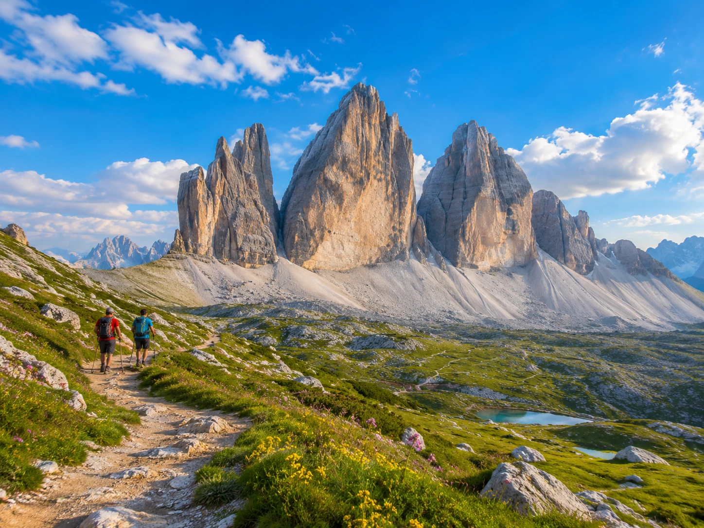 Tre Cime di Lavaredo above a rocky hiking trail with alpine meadows and hikers