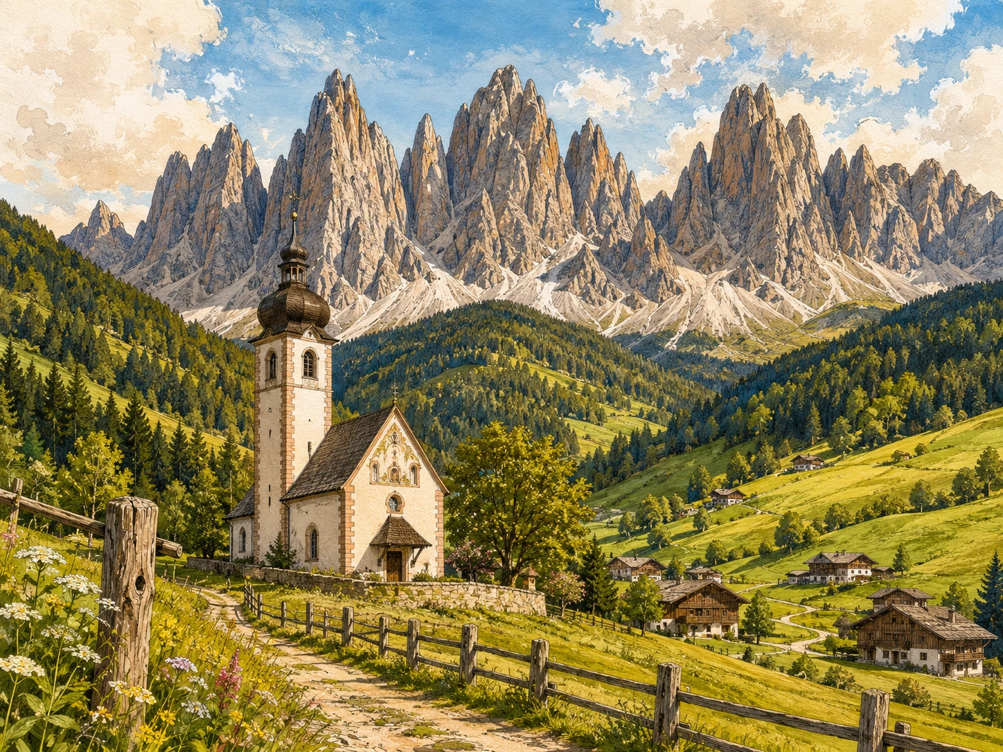 Val di Funes with alpine church, meadows, wooden farms, and jagged Odle mountains