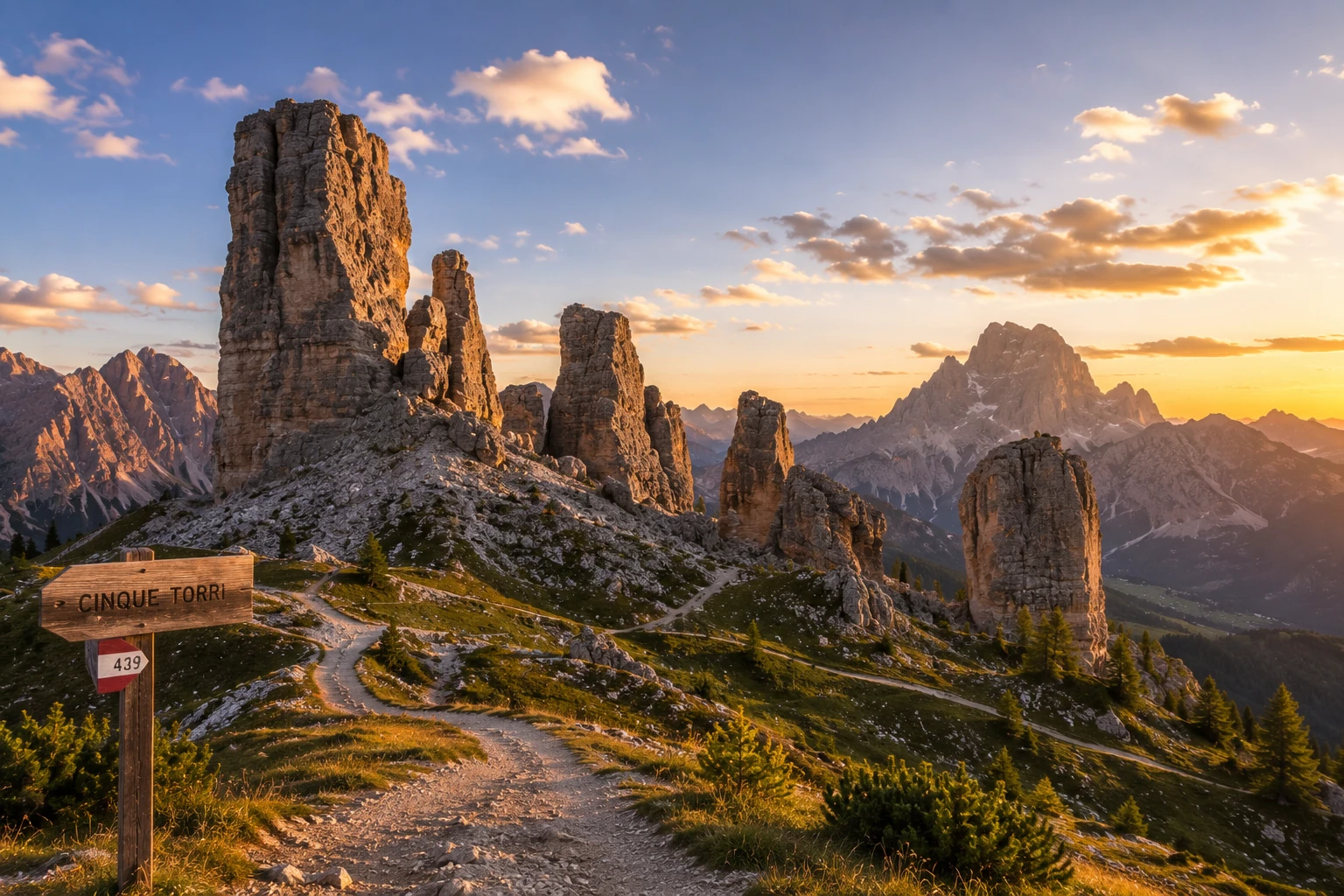 Cinque Torri rock towers at sunset with hiking trails and distant Dolomite peaks