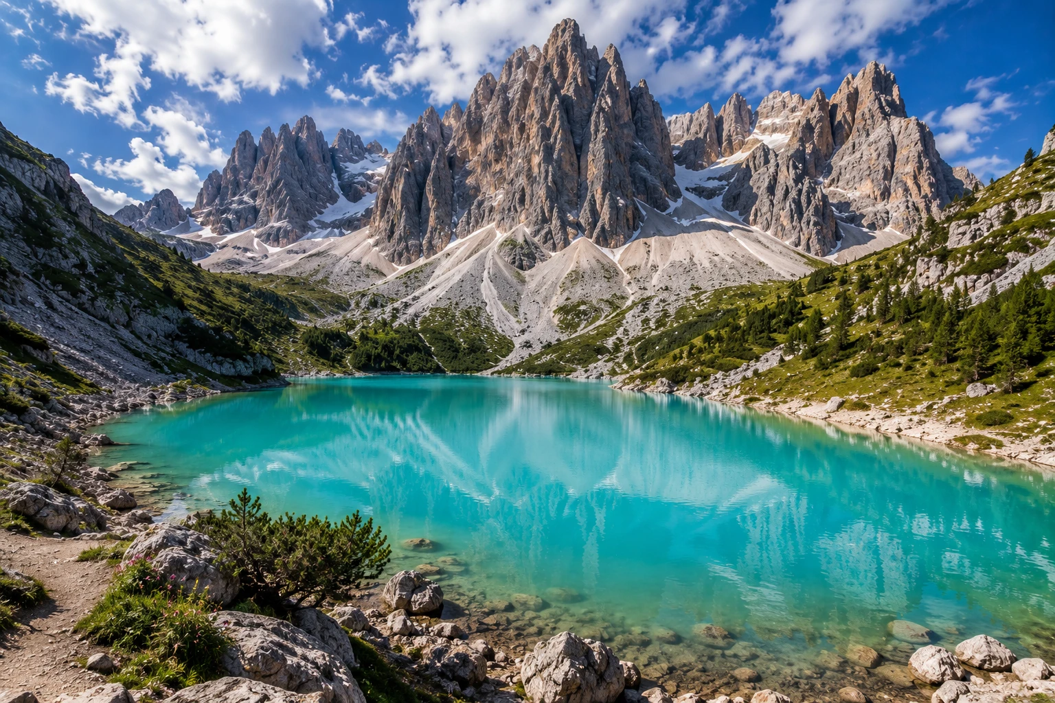 Turquoise Lago di Sorapis surrounded by rocky peaks, alpine slopes, and clear reflections