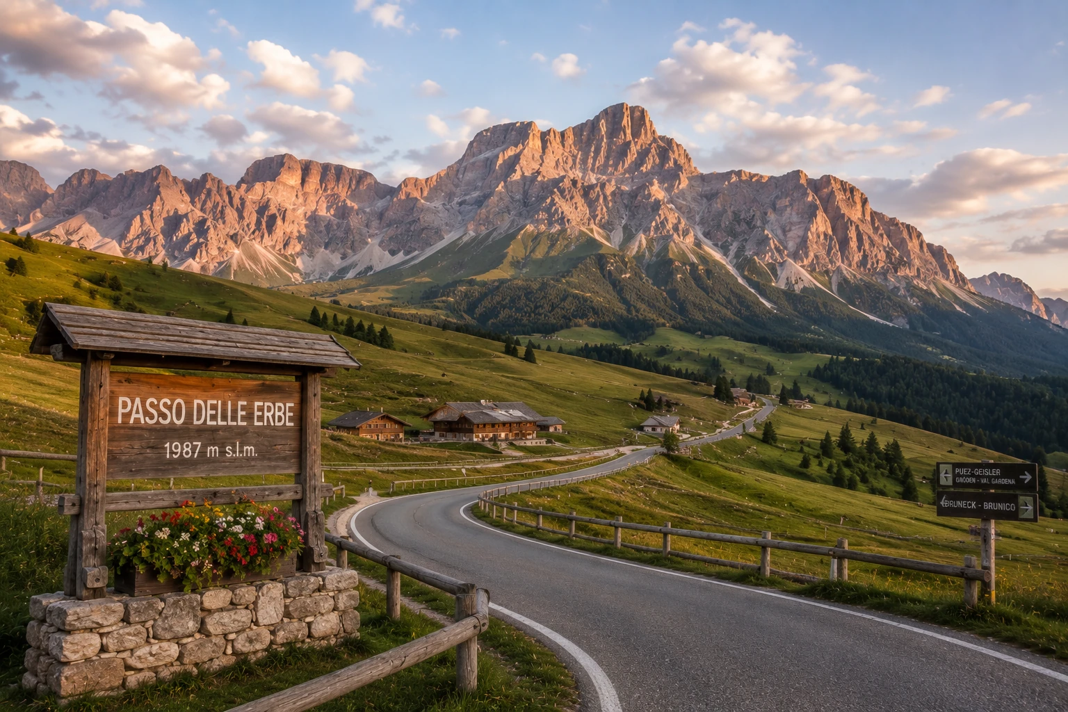 Passo delle Erbe mountain pass with winding road, alpine huts, meadows, and glowing peaks