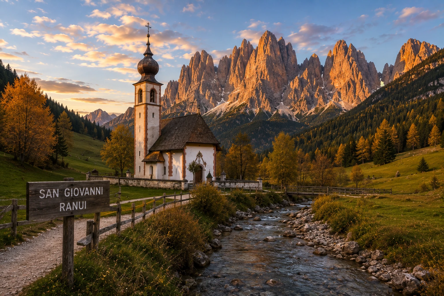 San Giovanni in Ranui chapel in Val di Funes with autumn trees and dramatic Odle peaks