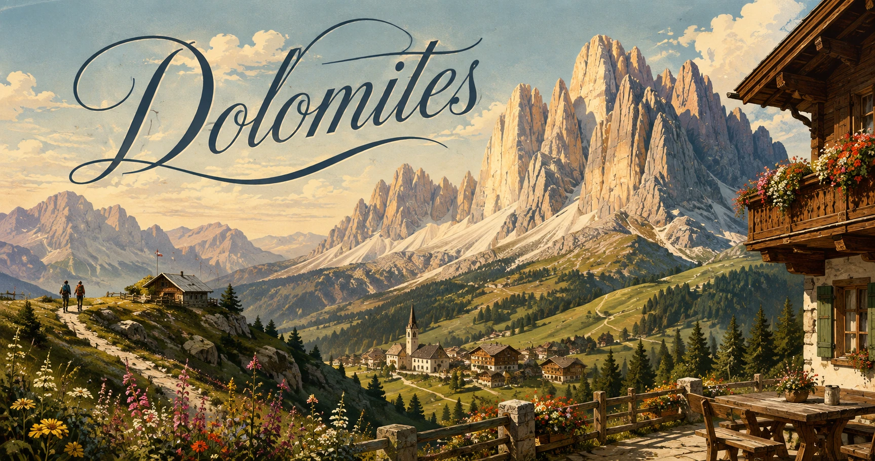 Dolomites mountain landscape with jagged peaks, alpine valleys, winding roads, and sunrise light