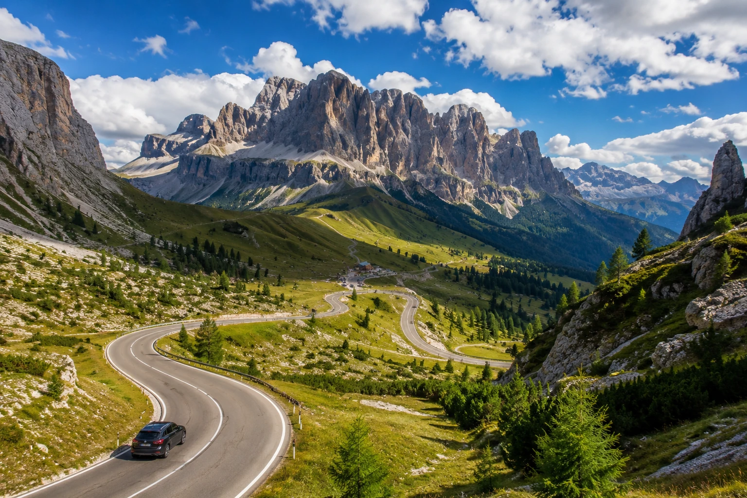 Winding Dolomites road beneath dramatic mountain peaks with a car crossing a scenic pass