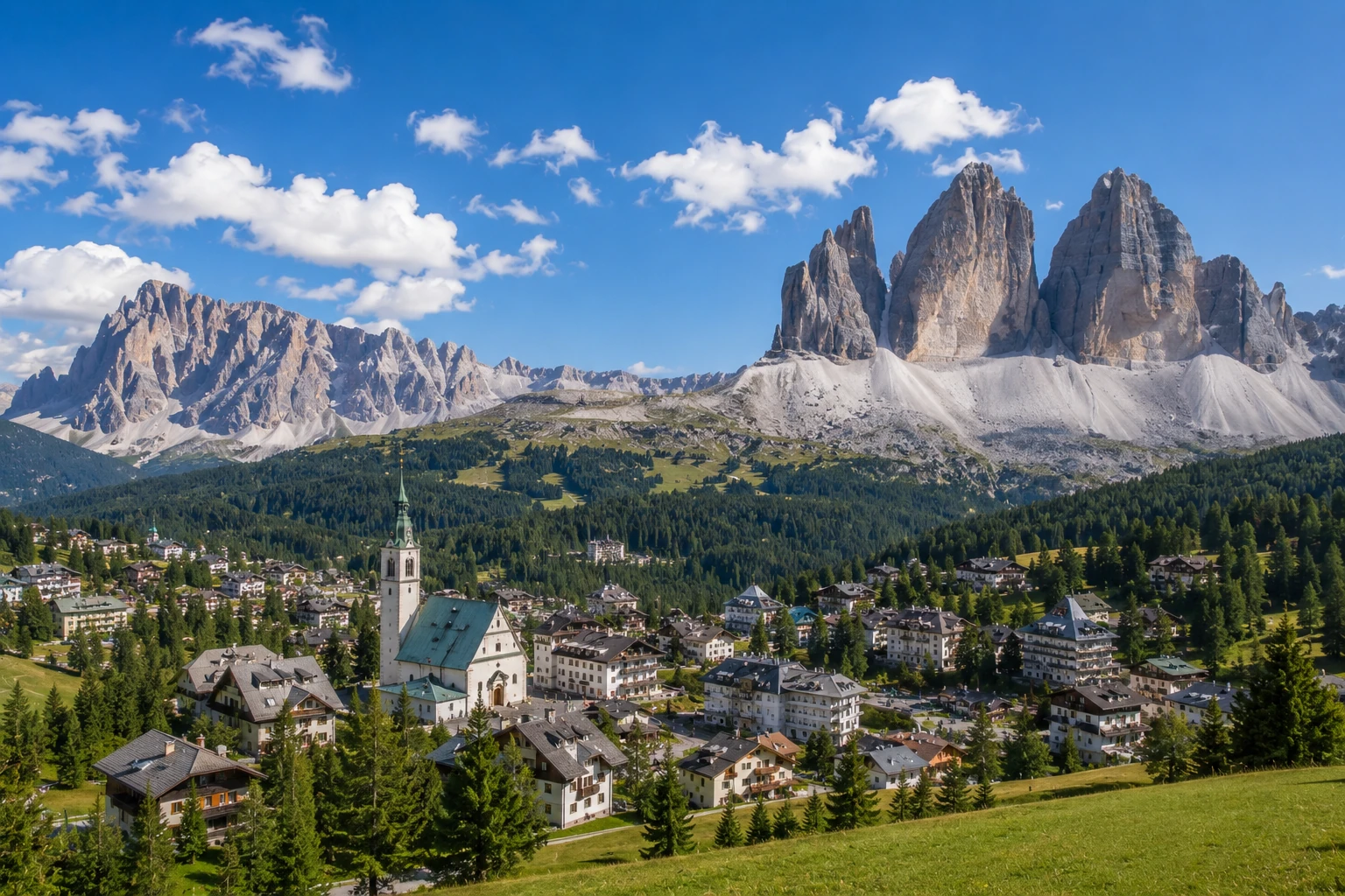 Cortina alpine town beneath dramatic peaks with Tre Cime visible beyond the valley