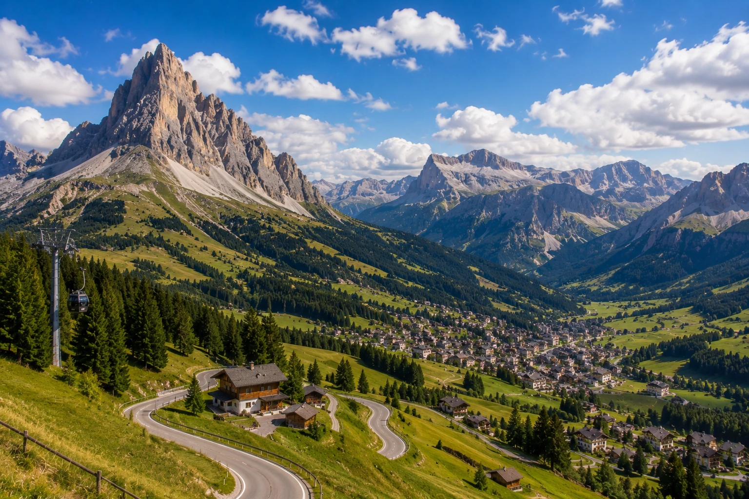 Val Gardena valley with cable car, alpine village, green slopes, and dramatic peaks
