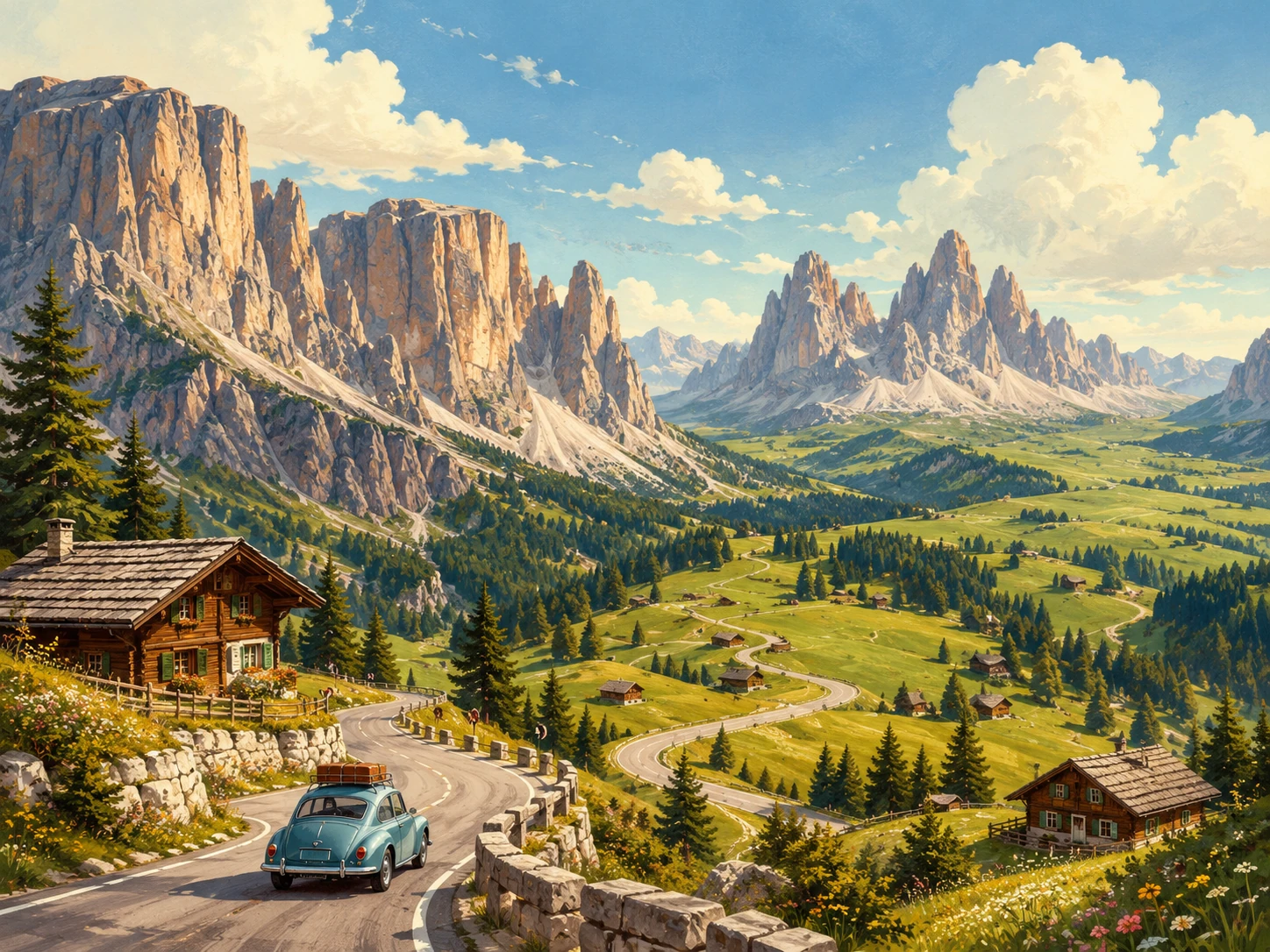Classic car on a winding western Dolomites road among alpine huts, meadows, and rocky peaks