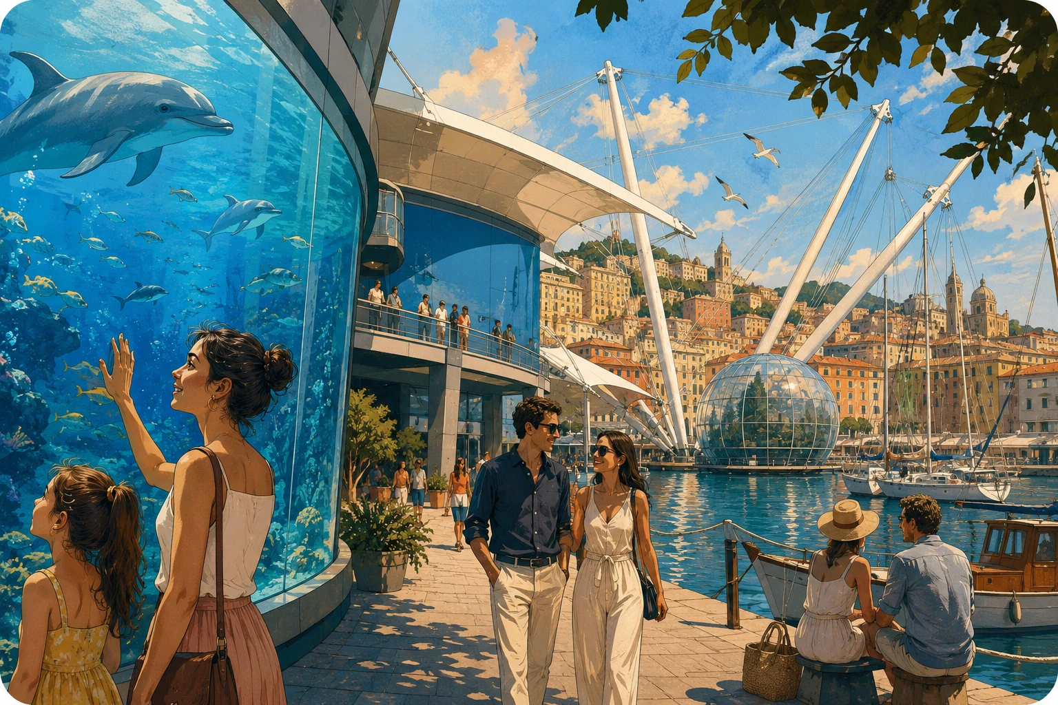 Aquarium and harbor experience in Genoa with marine exhibits, dolphins, boats, and Porto Antico