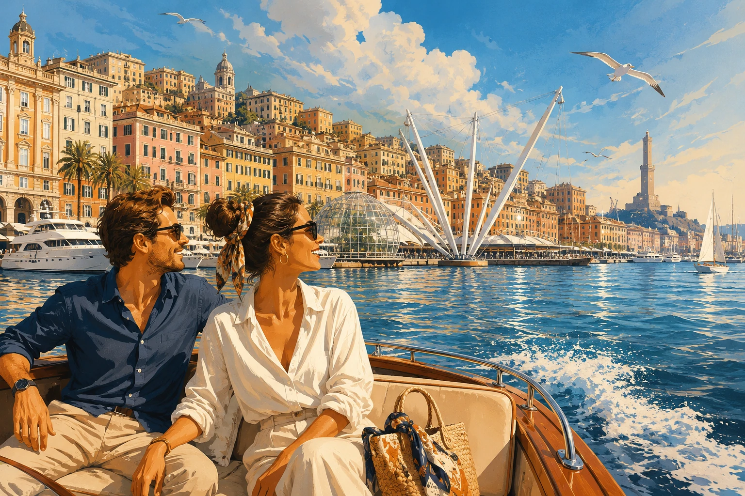 Boat tour off Genoa with passengers, colorful waterfront buildings, lighthouse, and calm Ligurian Sea