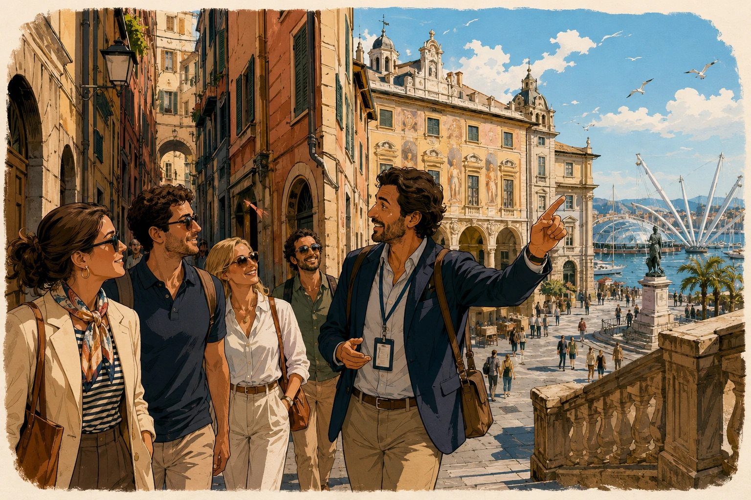Guided Genoa walking tour through historic streets, palaces, squares, cathedral, and harbor