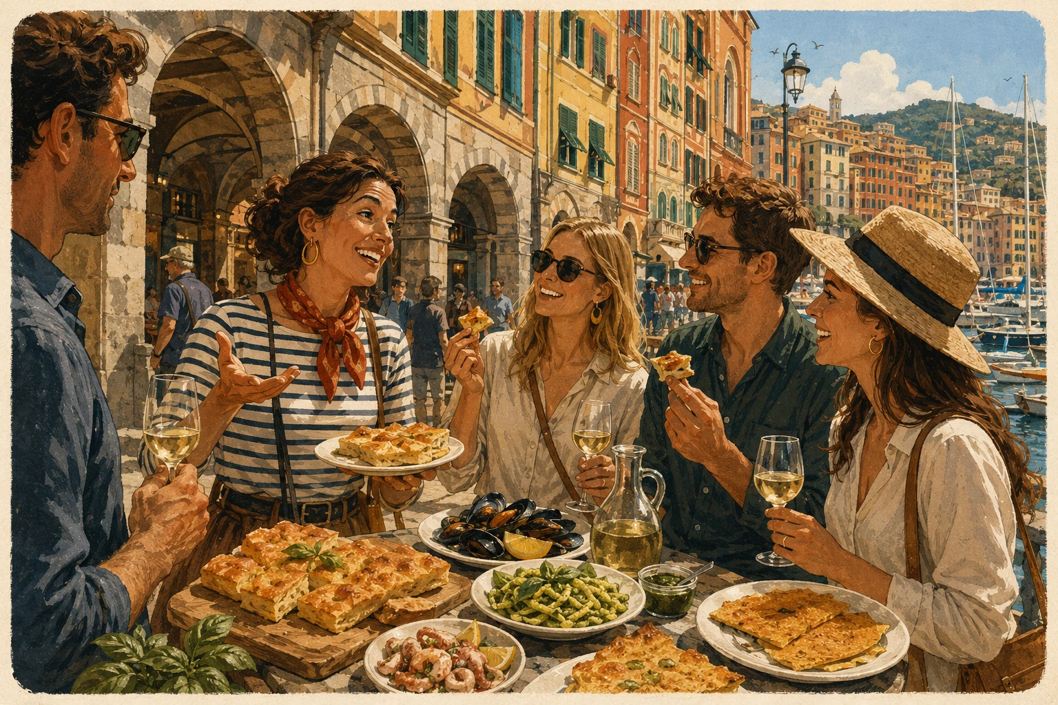 Genoa food tour with focaccia, pesto pasta, farinata, cured meats, pastries, and Ligurian wine