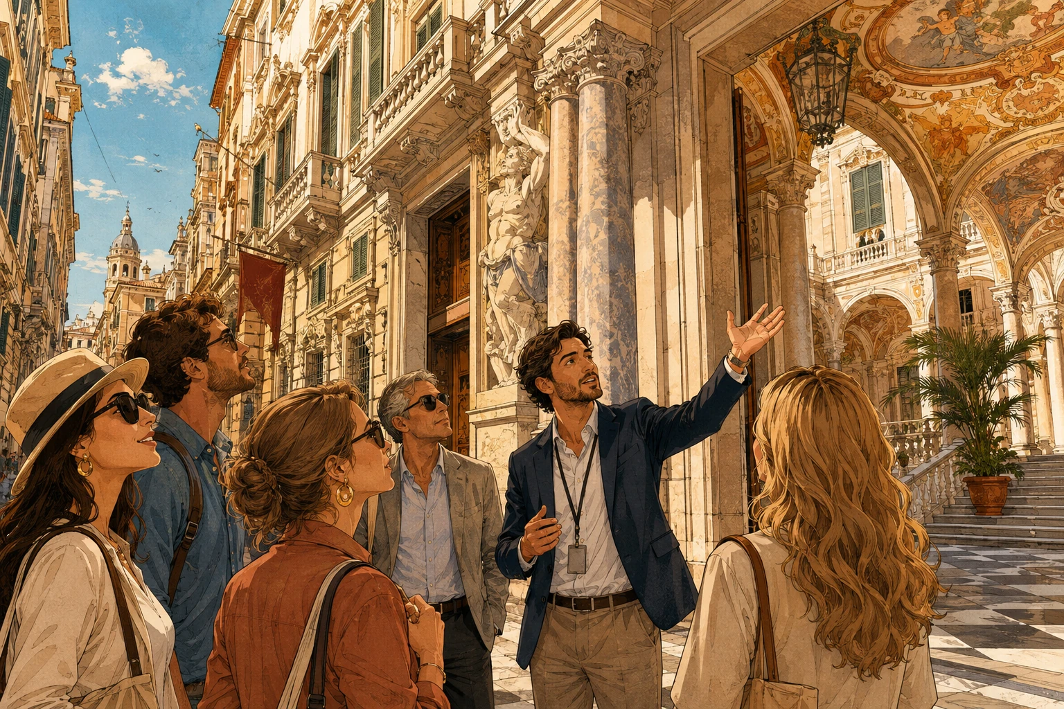 Guided tour inside the ornate Palazzi dei Rolli with grand staircase, frescoes, chandeliers, and sculptures