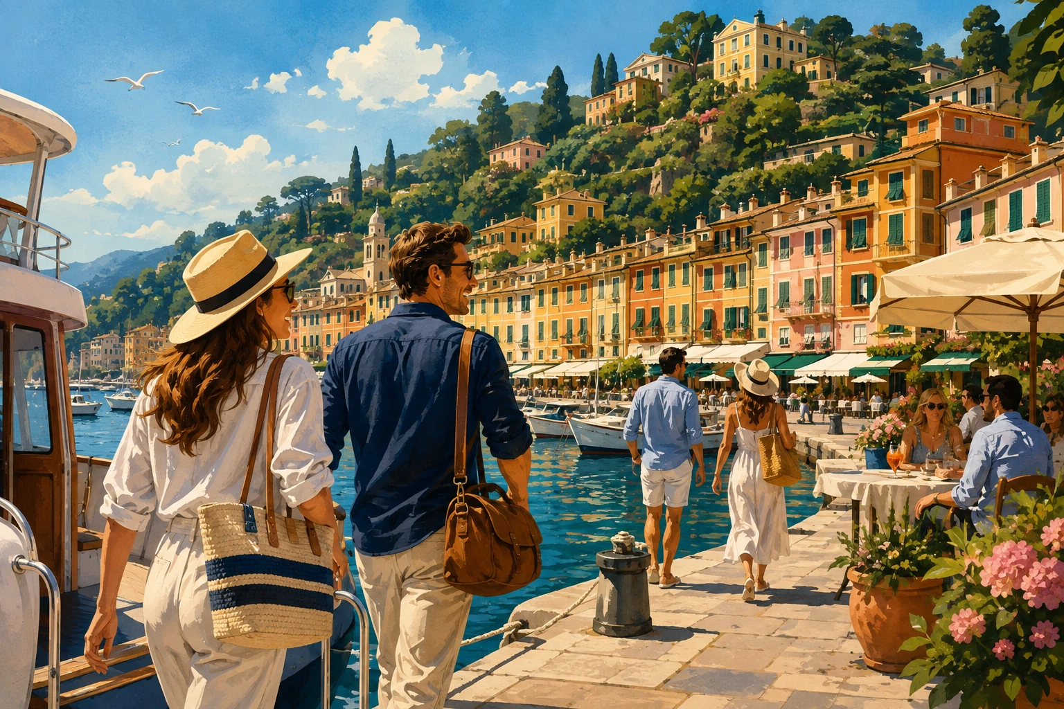 Portofino day trip with colorful harbor houses, boats, coastal paths, seafood lunch, and sea views