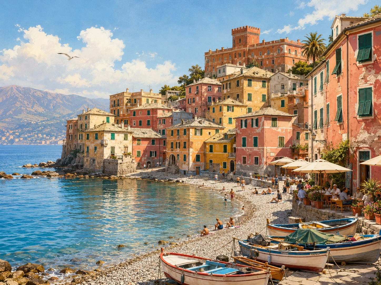 Boccadasse fishing village with colorful houses, pebble beach, fishing boats, cafes, and blue sea