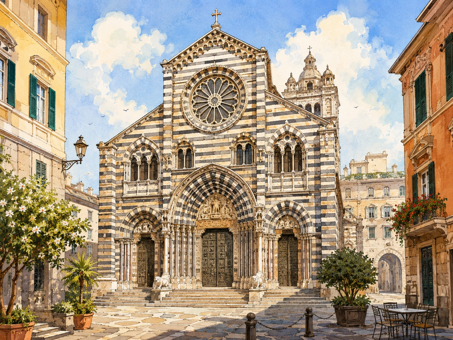 Genoa Cathedral with black-and-white striped facade, rose window, portals, and sunny square
