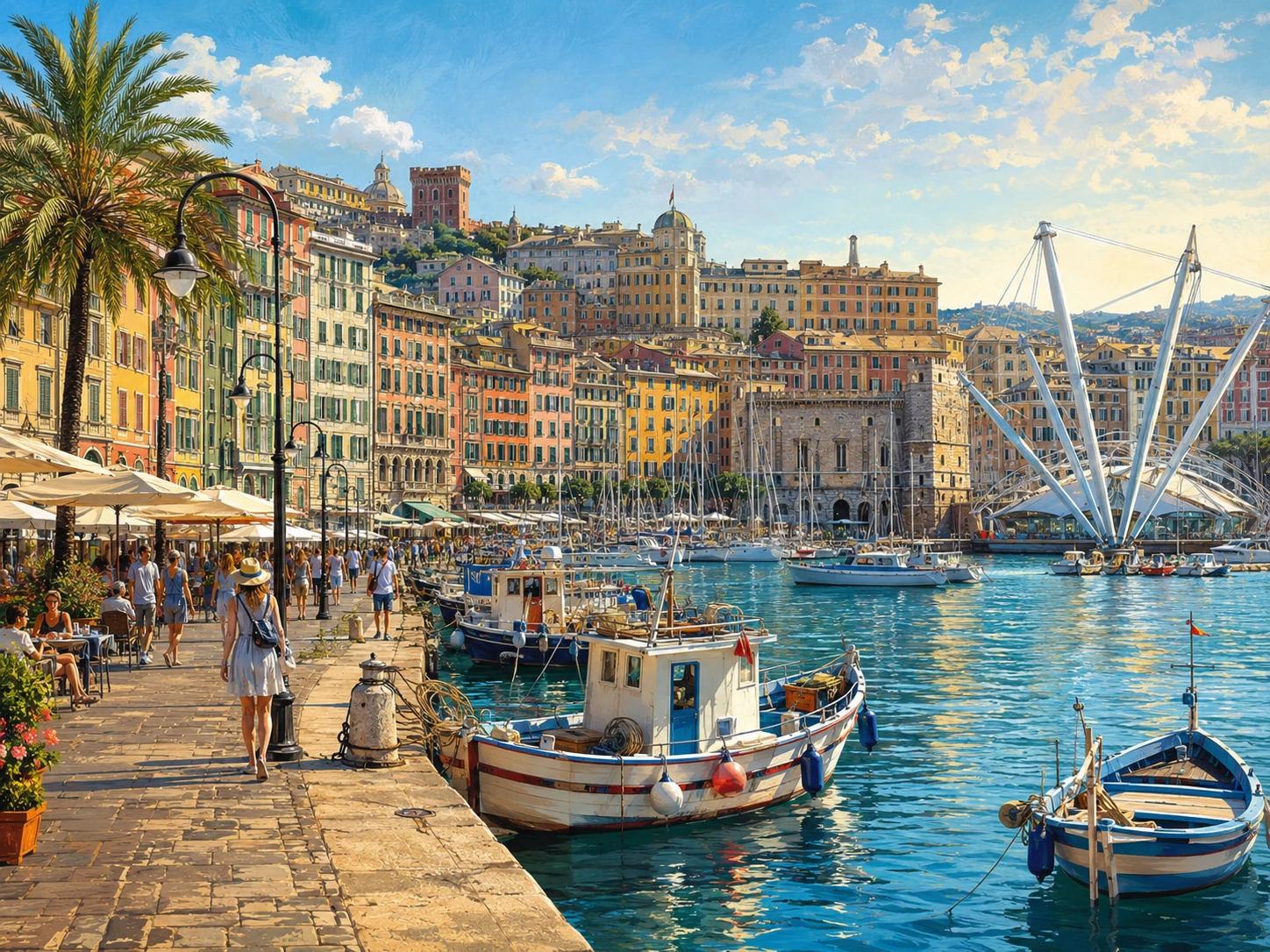Porto Antico in Genoa with fishing boats, yachts, colorful buildings, palm trees, and waterfront cafes
