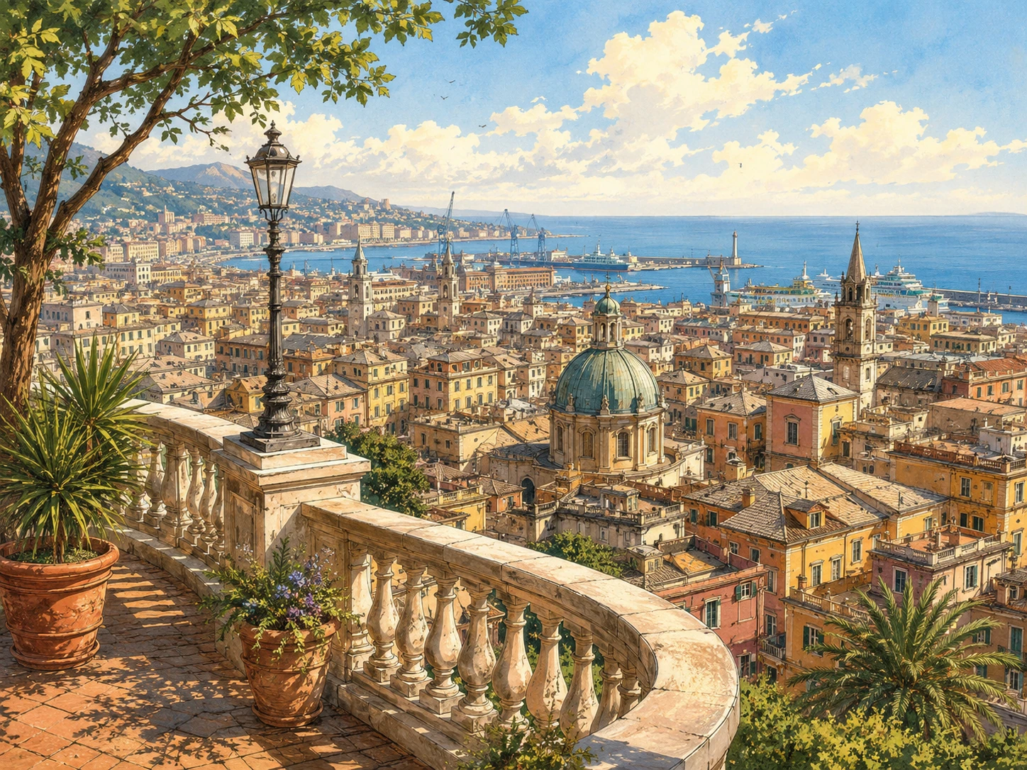 Spianata Castelletto viewpoint over Genoa rooftops, domes, harbor, and Ligurian Sea