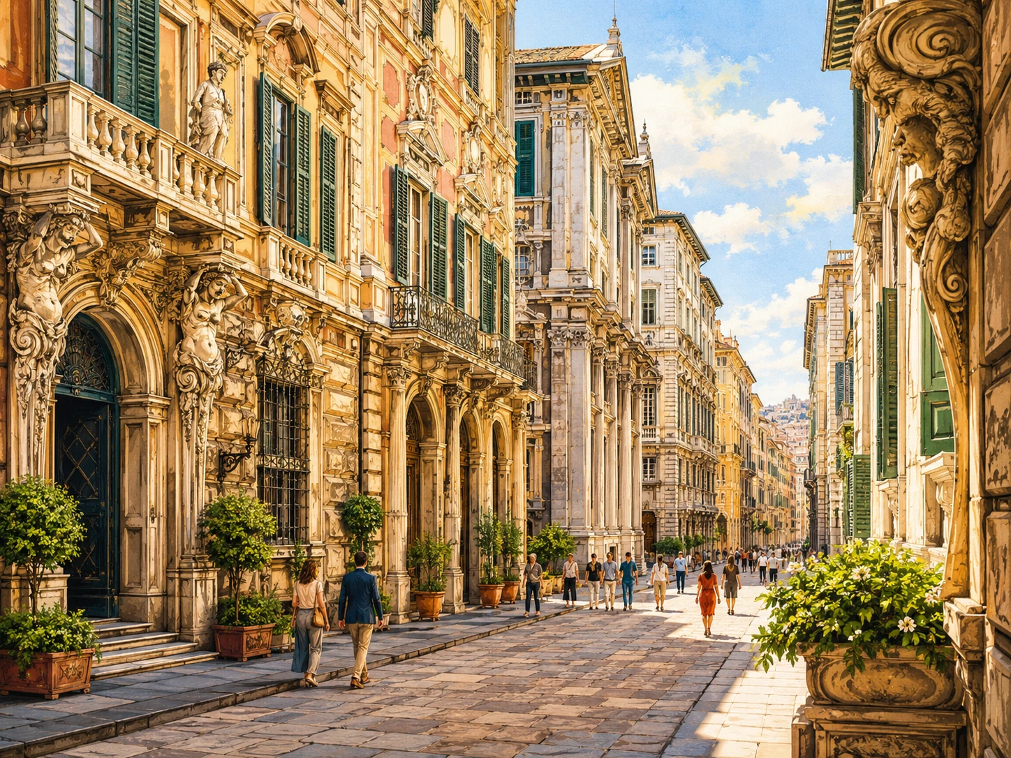 Via Garibaldi in Genoa with ornate palace facades, balconies, sculptures, and pedestrians