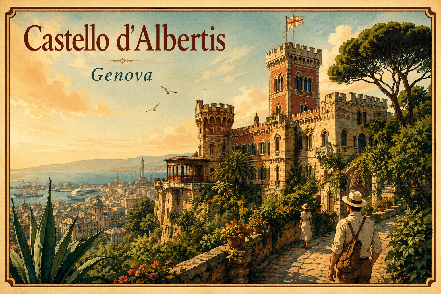 Castello d'Albertis above Genoa with red-brick towers, gardens, palm trees, city, and harbor views