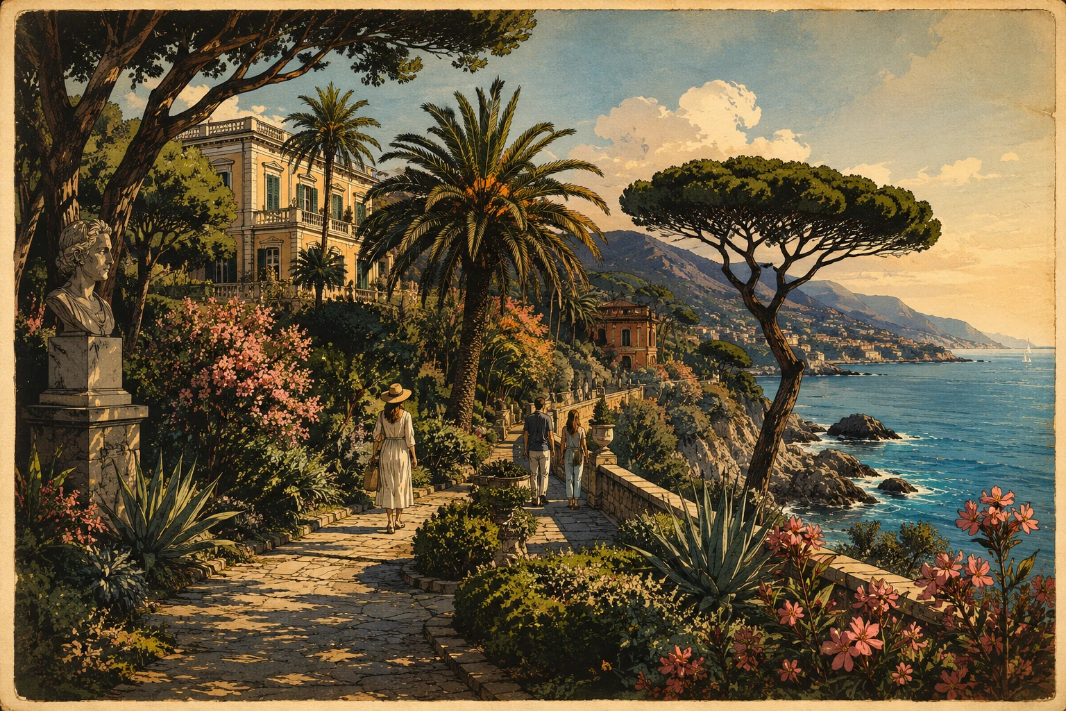 Nervi Parks with Mediterranean gardens, palms, flowering pergola, coastal promenade, and blue sea