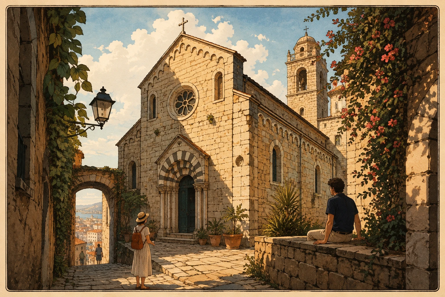 Santa Maria di Castello in Genoa with striped church facade, stone steps, bell tower, and historic buildings
